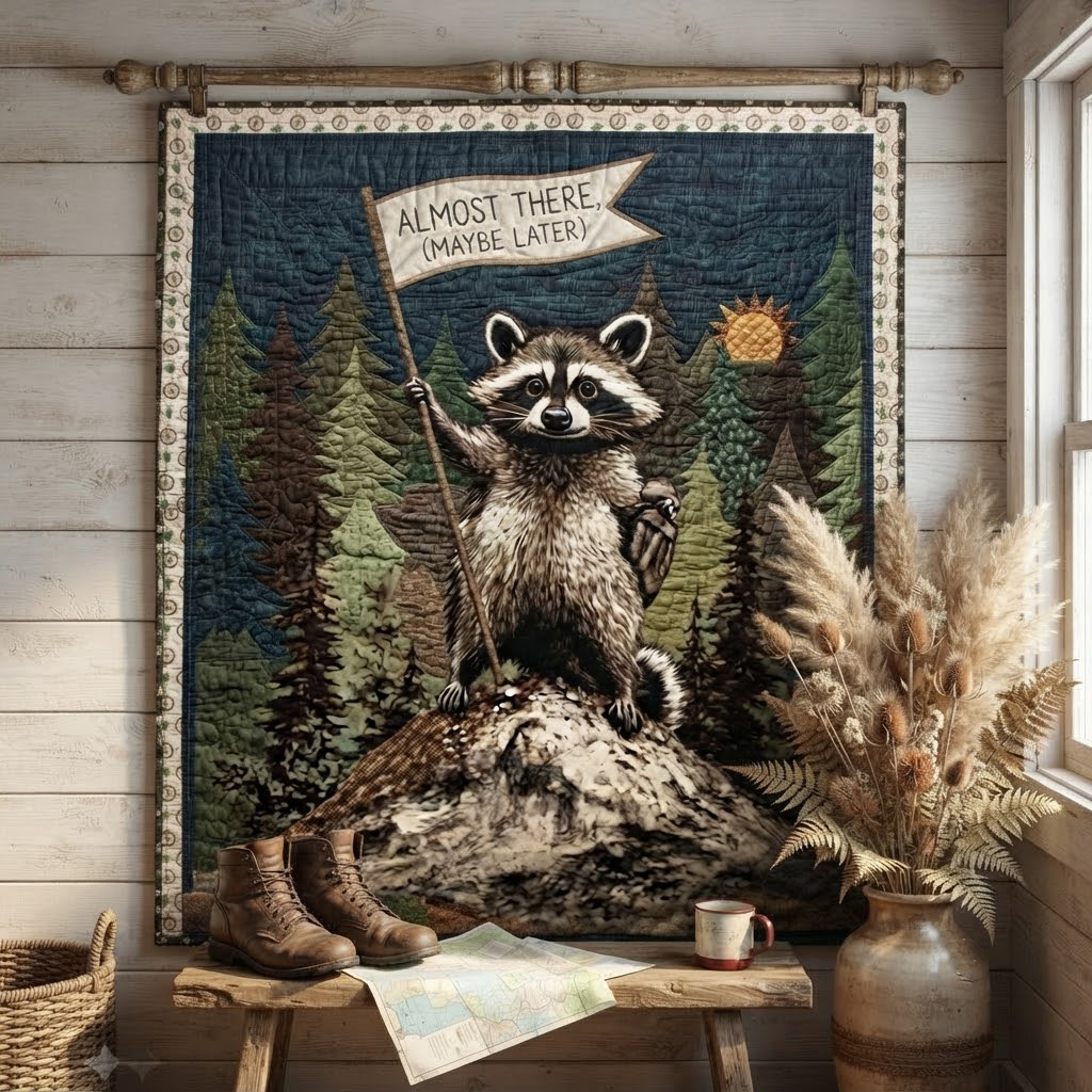 Funny Raccoon Hiking Quilt Blanket, Woodland Nature Lover Gift, Cute Animal Camping Bedspread, Outdoor Adventure Throw Blanket, Cabin Decor