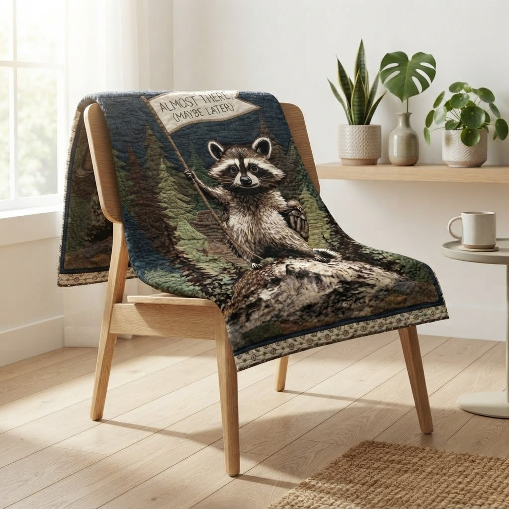 Funny Raccoon Hiking Quilt Blanket, Woodland Nature Lover Gift, Cute Animal Camping Bedspread, Outdoor Adventure Throw Blanket, Cabin Decor