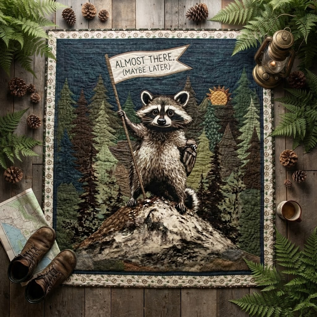 Funny Raccoon Hiking Quilt Blanket, Woodland Nature Lover Gift, Cute Animal Camping Bedspread, Outdoor Adventure Throw Blanket, Cabin Decor