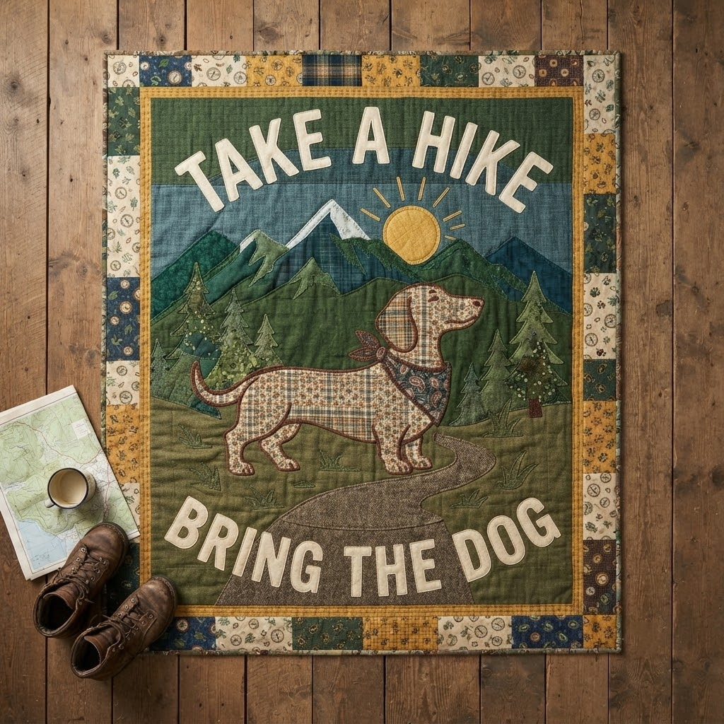 Dachshund Hiking Quilt Blanket, Take A Hike Bring The Dog Throw, Cute Dog Camping Bedspread, Dog Lover Gift, Woodland Cabin Decor