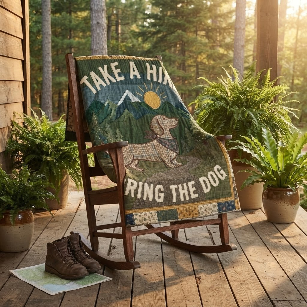 Dachshund Hiking Quilt Blanket, Take A Hike Bring The Dog Throw, Cute Dog Camping Bedspread, Dog Lover Gift, Woodland Cabin Decor