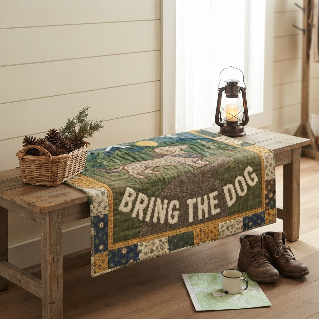 Dachshund Hiking Quilt Blanket, Take A Hike Bring The Dog Throw, Cute Dog Camping Bedspread, Dog Lover Gift, Woodland Cabin Decor