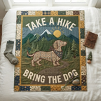 Dachshund Hiking Quilt Blanket, Take A Hike Bring The Dog Throw, Cute Dog Camping Bedspread, Dog Lover Gift, Woodland Cabin Decor