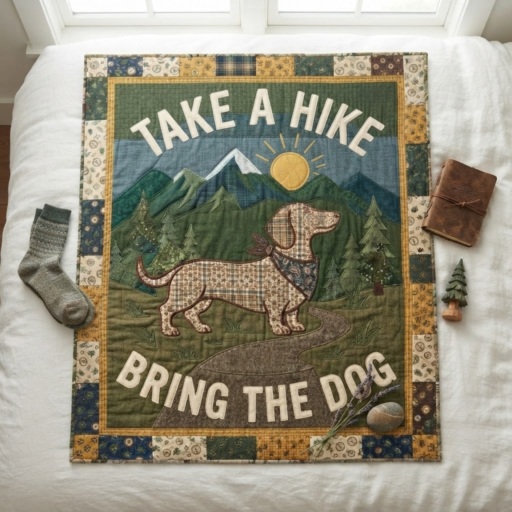 Dachshund Hiking Quilt Blanket, Take A Hike Bring The Dog Throw, Cute Dog Camping Bedspread, Dog Lover Gift, Woodland Cabin Decor