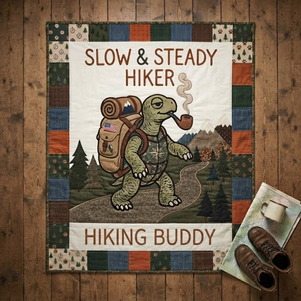 Slow And Steady Hiker Quilt Blanket, Hiking Buddy Throw, Cute Turtle Camping Bedspread, Outdoor Nature Lover Gift, Woodland Cabin Decor