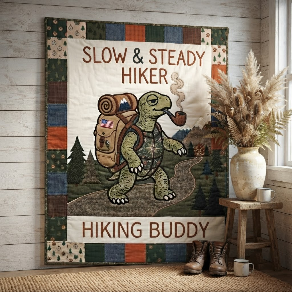 Slow And Steady Hiker Quilt Blanket, Hiking Buddy Throw, Cute Turtle Camping Bedspread, Outdoor Nature Lover Gift, Woodland Cabin Decor