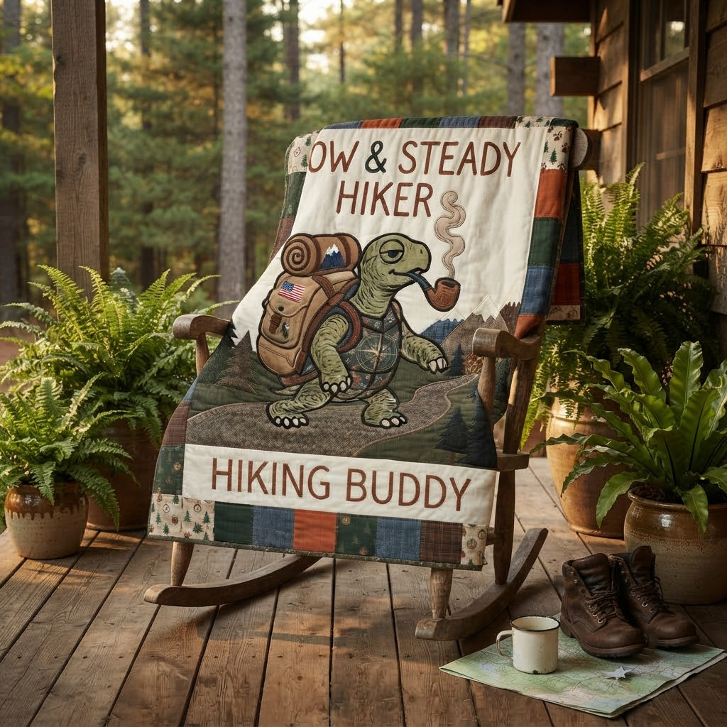 Slow And Steady Hiker Quilt Blanket, Hiking Buddy Throw, Cute Turtle Camping Bedspread, Outdoor Nature Lover Gift, Woodland Cabin Decor