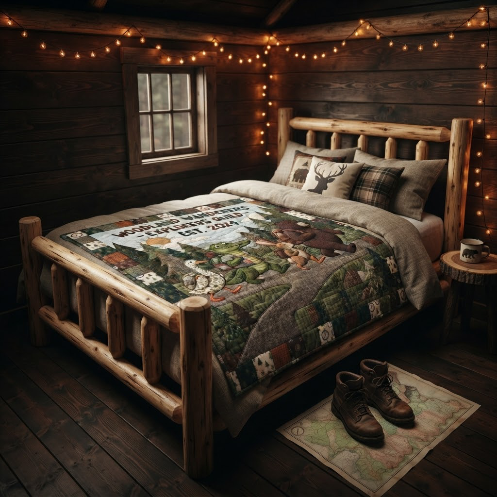 Woodland Wanderers Quilt Blanket, Explorers Guild Throw, Cute Animal Camping Bedspread, Outdoor Nature Lover Gift, Woodland Cabin Decor