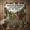 Woodland Wanderers Quilt Blanket, Explorers Guild Throw, Cute Animal Camping Bedspread, Outdoor Nature Lover Gift, Woodland Cabin Decor