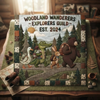 Woodland Wanderers Quilt Blanket, Explorers Guild Throw, Cute Animal Camping Bedspread, Outdoor Nature Lover Gift, Woodland Cabin Decor