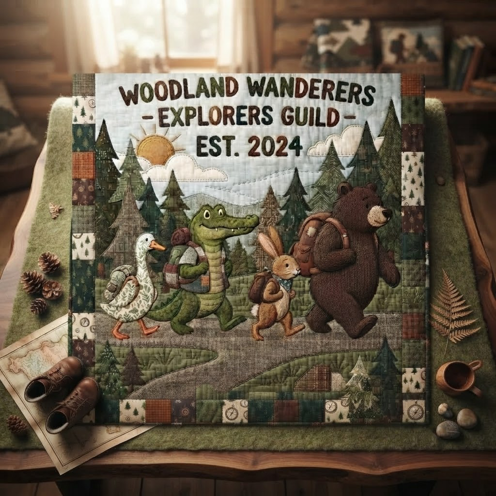 Woodland Wanderers Quilt Blanket, Explorers Guild Throw, Cute Animal Camping Bedspread, Outdoor Nature Lover Gift, Woodland Cabin Decor