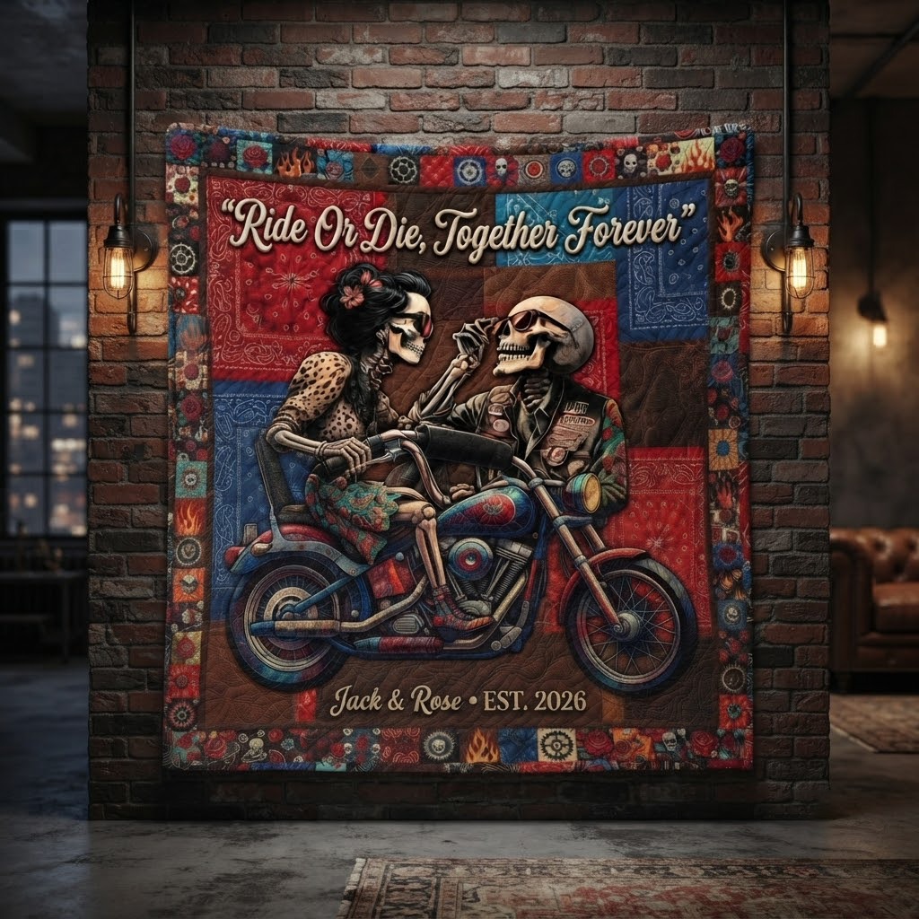 Ride Or Die Skeleton Couple Quilt Blanket, Custom Biker Throw, Gothic Romance Bedspread, Personalized Couple Gift, Motorcycle Lover Decor