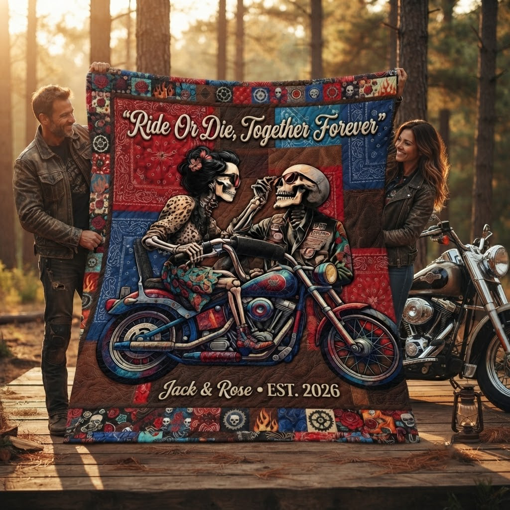 Ride Or Die Skeleton Couple Quilt Blanket, Custom Biker Throw, Gothic Romance Bedspread, Personalized Couple Gift, Motorcycle Lover Decor