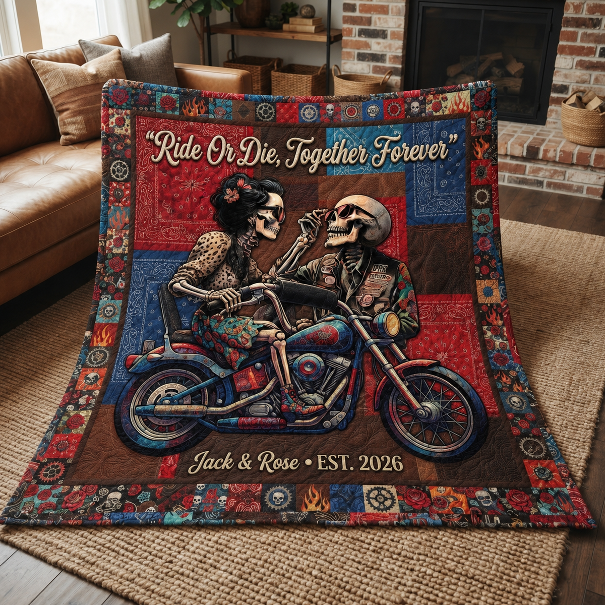 Ride Or Die Skeleton Couple Quilt Blanket, Custom Biker Throw, Gothic Romance Bedspread, Personalized Couple Gift, Motorcycle Lover Decor