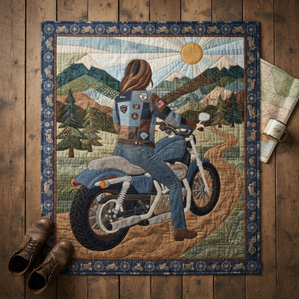 Solo Biker Girl Quilt Blanket, Motorcycle Road Trip Throw, Adventure Traveler Bedspread, Free Spirit Biker Gift, Mountain Cabin Decor