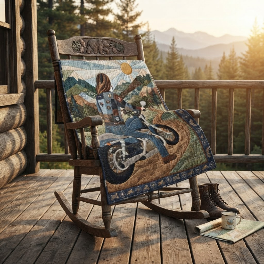 Solo Biker Girl Quilt Blanket, Motorcycle Road Trip Throw, Adventure Traveler Bedspread, Free Spirit Biker Gift, Mountain Cabin Decor