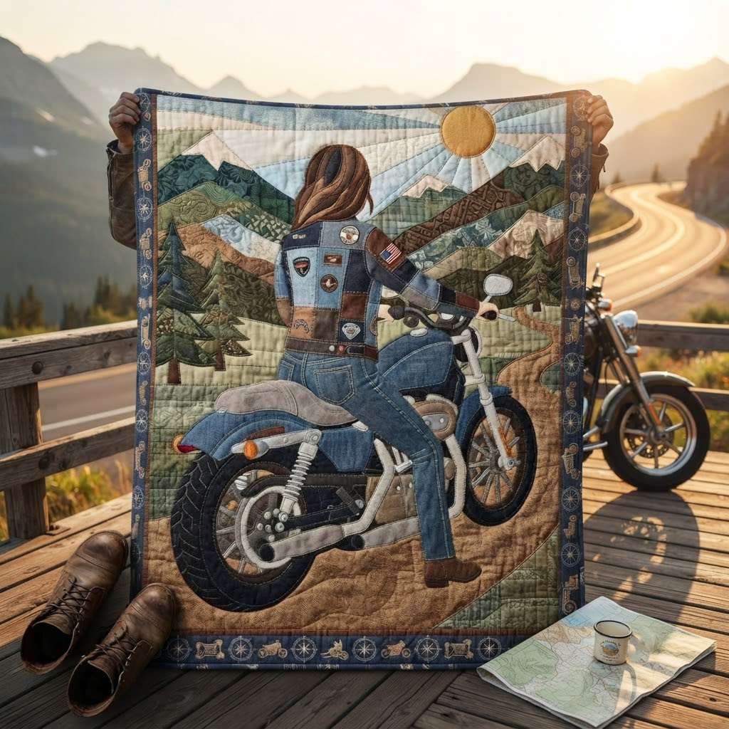 Solo Biker Girl Quilt Blanket, Motorcycle Road Trip Throw, Adventure Traveler Bedspread, Free Spirit Biker Gift, Mountain Cabin Decor