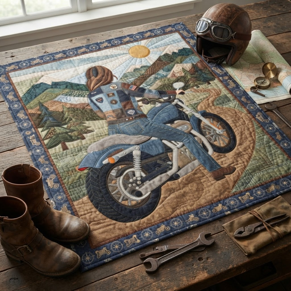 Solo Biker Girl Quilt Blanket, Motorcycle Road Trip Throw, Adventure Traveler Bedspread, Free Spirit Biker Gift, Mountain Cabin Decor
