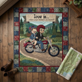 Love Is Biker Couple Quilt Blanket, Motorcycle Romance Throw, Sweet Couple Bedspread, Anniversary Gift For Him And Her, Cabin Decor