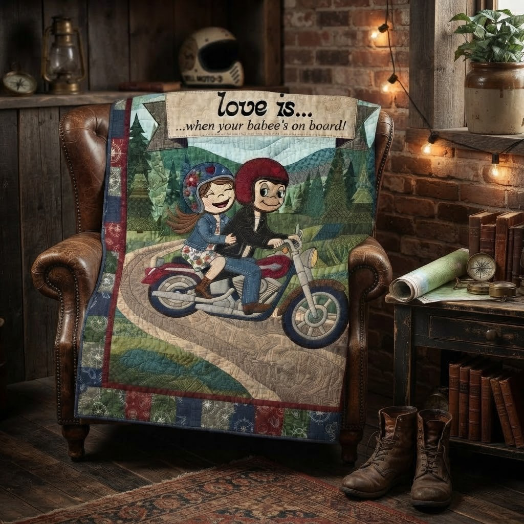 Love Is Biker Couple Quilt Blanket, Motorcycle Romance Throw, Sweet Couple Bedspread, Anniversary Gift For Him And Her, Cabin Decor