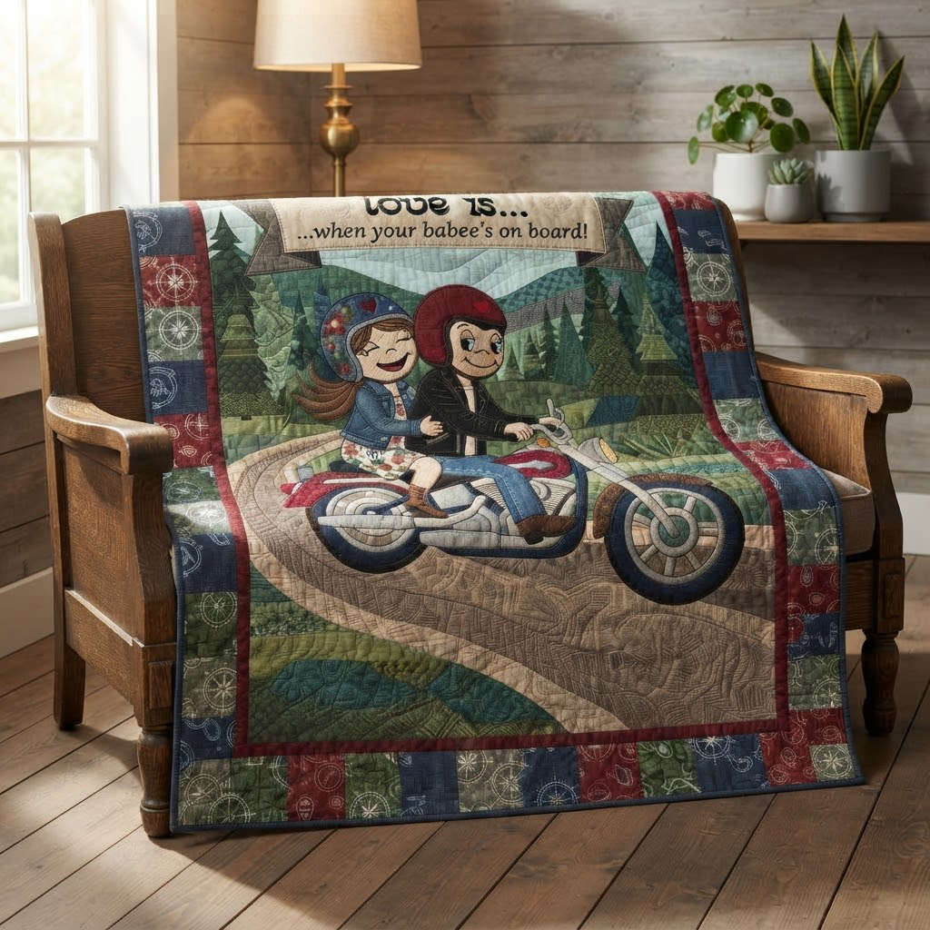 Love Is Biker Couple Quilt Blanket, Motorcycle Romance Throw, Sweet Couple Bedspread, Anniversary Gift For Him And Her, Cabin Decor