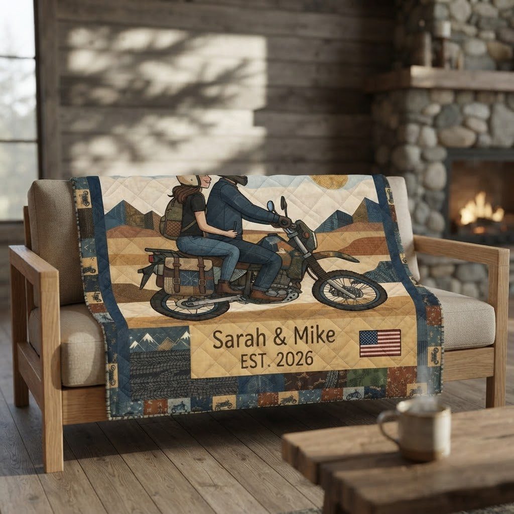 Personalized Motorcycle Couple Quilt, Two Souls One Road Blanket, Custom Anniversary Gift, Biker Wedding Bedding Decor, Adventure Travel Bedspread