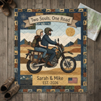 Personalized Motorcycle Couple Quilt, Two Souls One Road Blanket, Custom Anniversary Gift, Biker Wedding Bedding Decor, Adventure Travel Bedspread