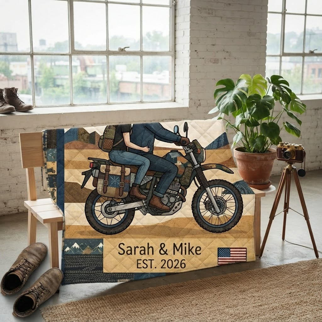 Personalized Motorcycle Couple Quilt, Two Souls One Road Blanket, Custom Anniversary Gift, Biker Wedding Bedding Decor, Adventure Travel Bedspread