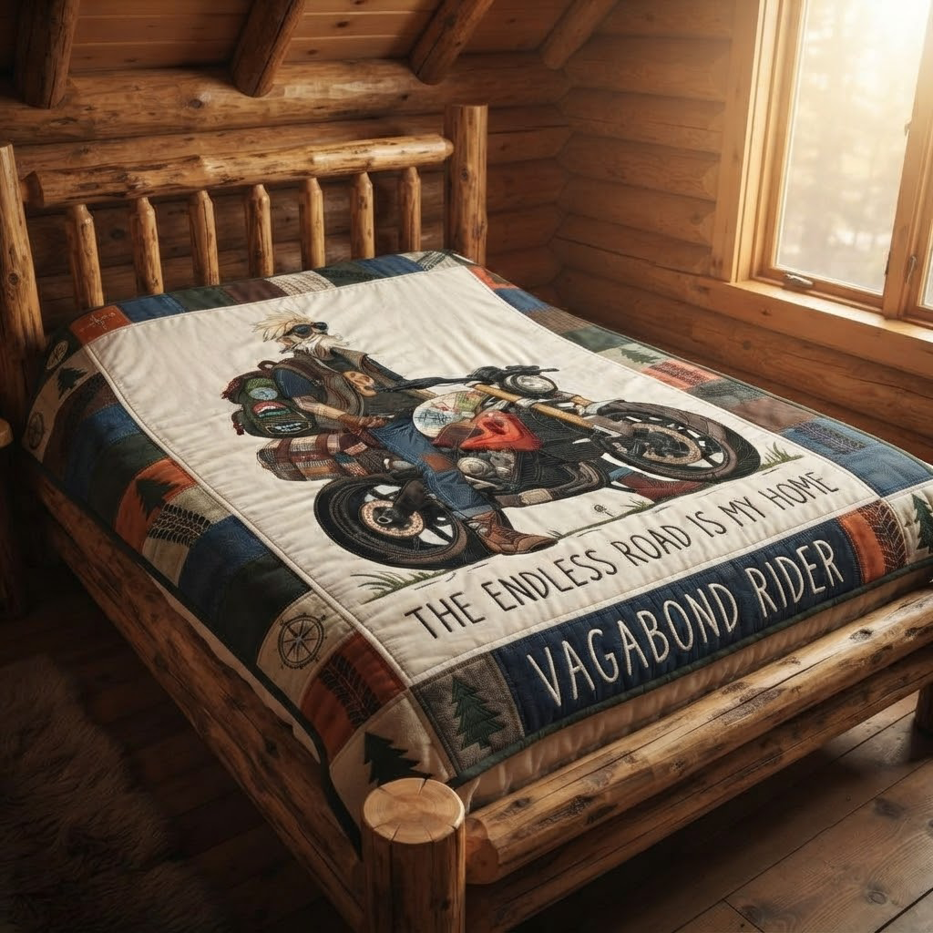 Personalized Vagabond Rider Quilt, The Endless Road Is My Home Blanket, Custom Biker Travel Bedspread, Solo Adventurer Throw Decor, Gift