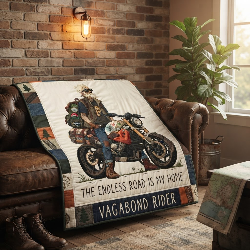 Personalized Vagabond Rider Quilt, The Endless Road Is My Home Blanket, Custom Biker Travel Bedspread, Solo Adventurer Throw Decor, Gift