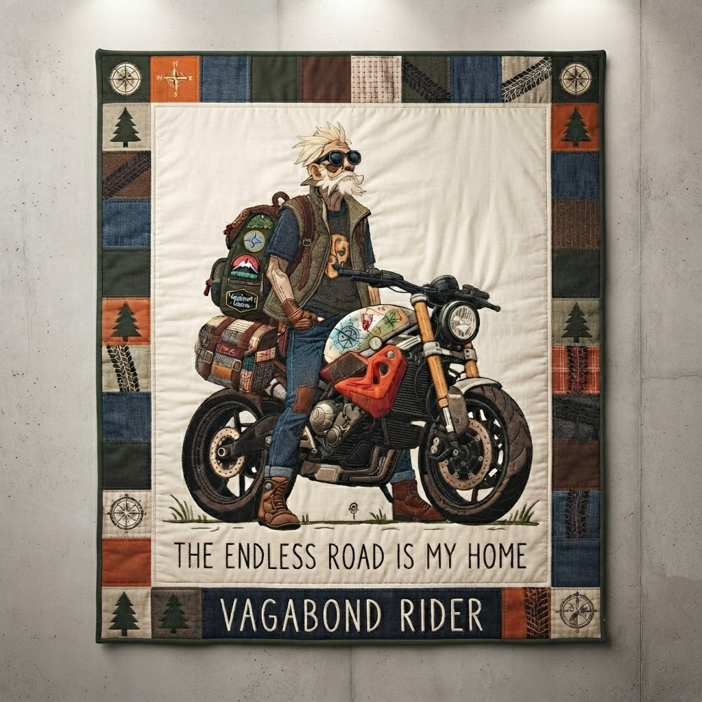 Personalized Vagabond Rider Quilt, The Endless Road Is My Home Blanket, Custom Biker Travel Bedspread, Solo Adventurer Throw Decor, Gift