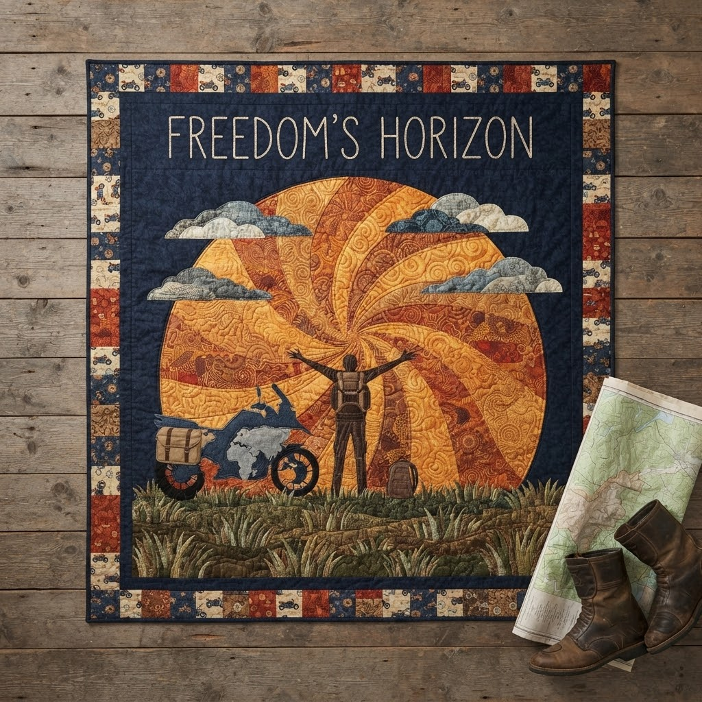 Personalized Freedom's Horizon Quilt, Motorcycle Adventure Blanket, Custom Biker Travel Bedspread, Solo Road Trip Throw Decor, Biker Gift