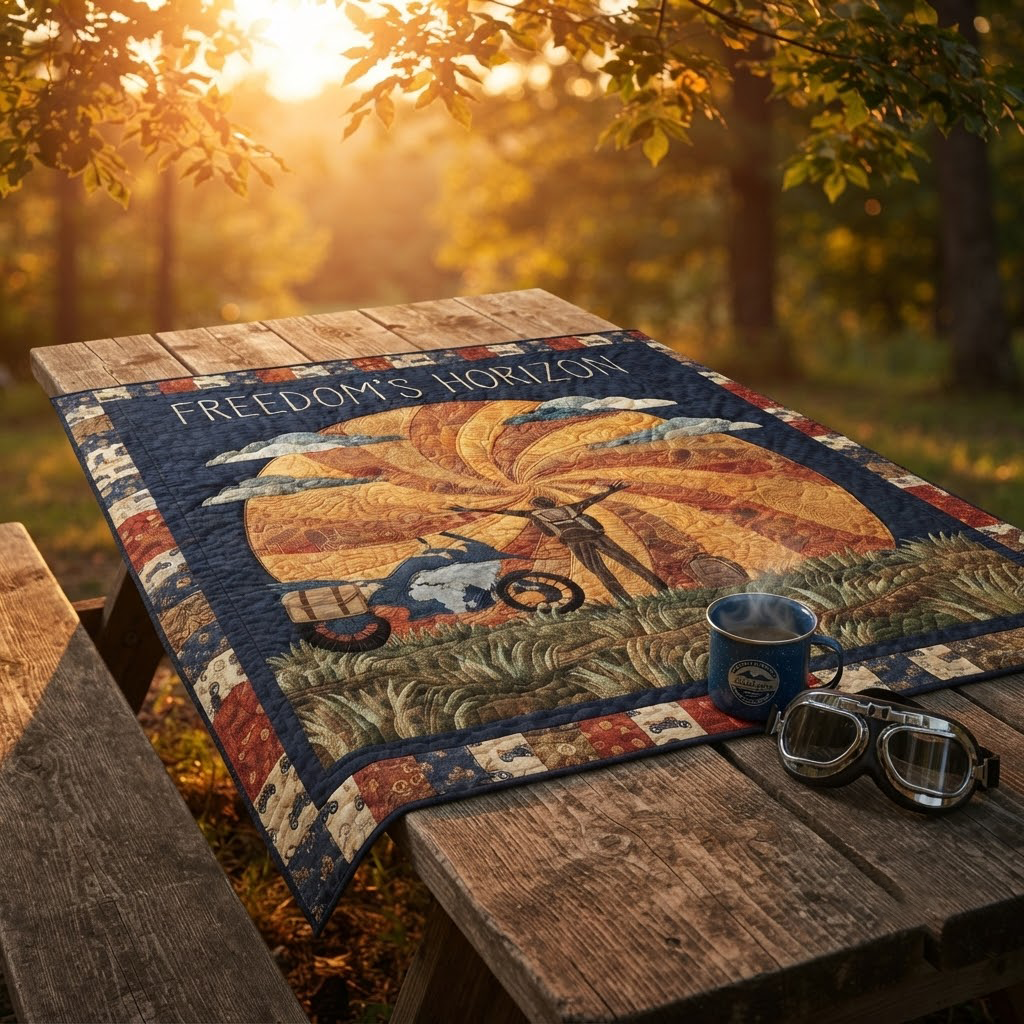 Personalized Freedom's Horizon Quilt, Motorcycle Adventure Blanket, Custom Biker Travel Bedspread, Solo Road Trip Throw Decor, Biker Gift
