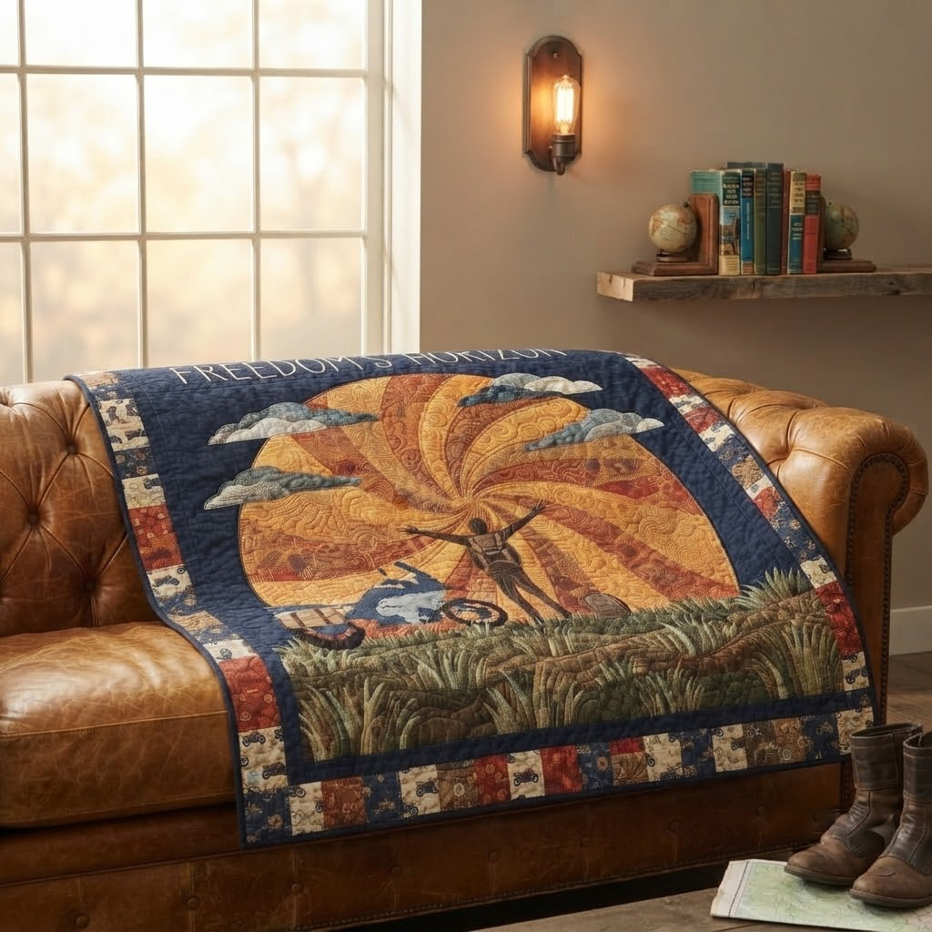 Personalized Freedom's Horizon Quilt, Motorcycle Adventure Blanket, Custom Biker Travel Bedspread, Solo Road Trip Throw Decor, Biker Gift