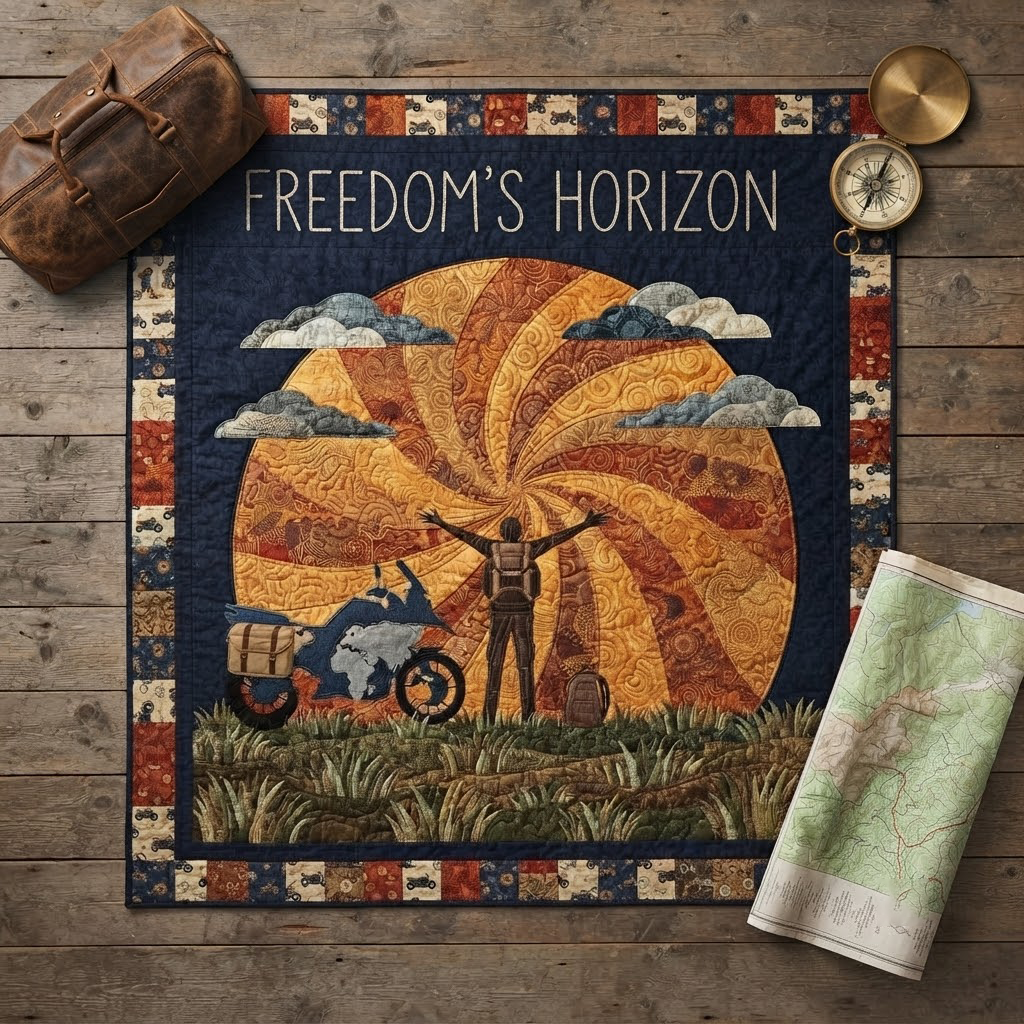 Personalized Freedom's Horizon Quilt, Motorcycle Adventure Blanket, Custom Biker Travel Bedspread, Solo Road Trip Throw Decor, Biker Gift