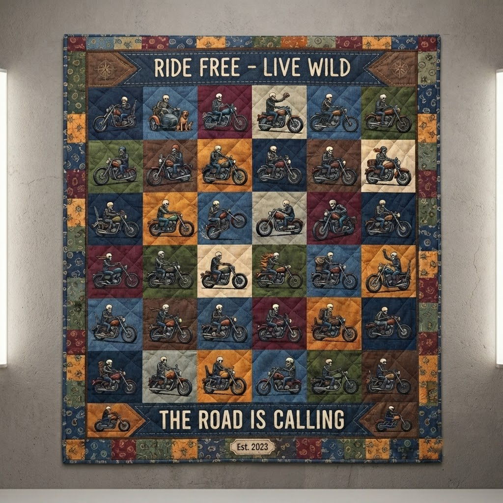 Ride Free Live Wild Quilt, The Road Is Calling Blanket, Skeleton Biker Patchwork Bedspread, Vintage Motorcycle Throw Decor, Biker Gift