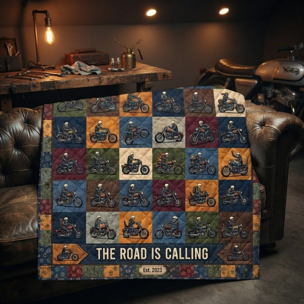Ride Free Live Wild Quilt, The Road Is Calling Blanket, Skeleton Biker Patchwork Bedspread, Vintage Motorcycle Throw Decor, Biker Gift