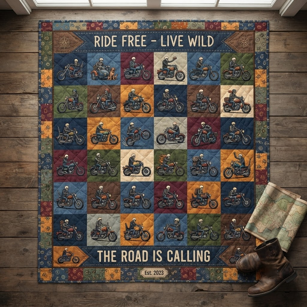 Ride Free Live Wild Quilt, The Road Is Calling Blanket, Skeleton Biker Patchwork Bedspread, Vintage Motorcycle Throw Decor, Biker Gift