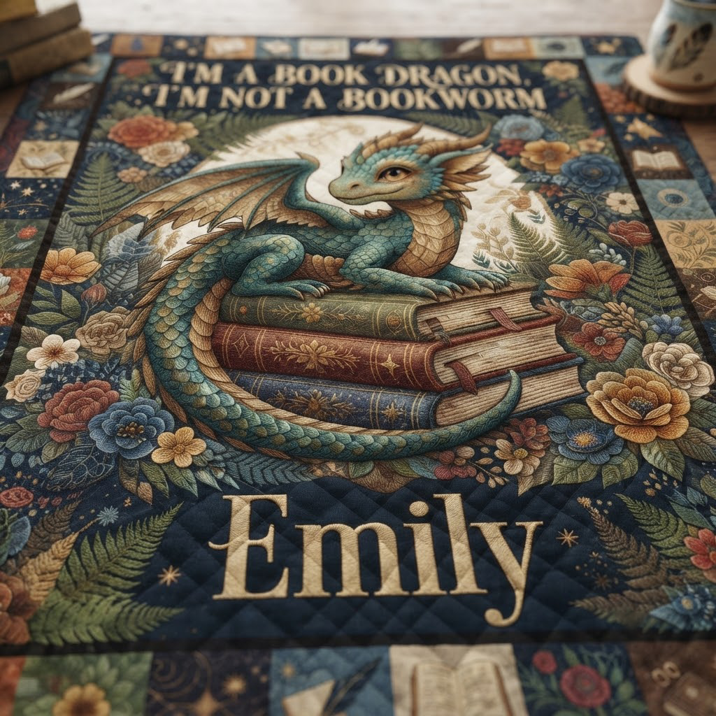 Personalized Book Dragon Quilt, I'm Not A Bookworm Blanket, Custom Reading Lover Bedspread, Fantasy Library Throw Decor, Bookworm Gift