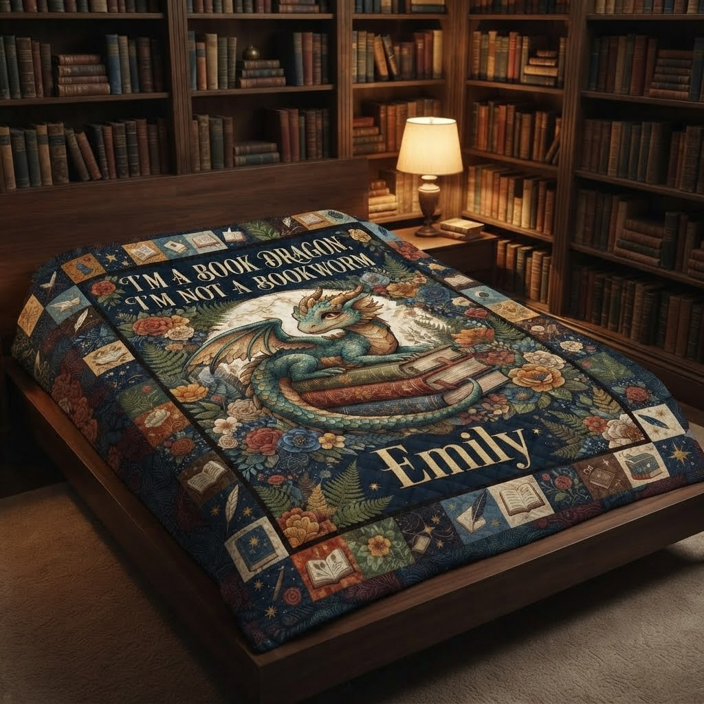 Personalized Book Dragon Quilt, I'm Not A Bookworm Blanket, Custom Reading Lover Bedspread, Fantasy Library Throw Decor, Bookworm Gift
