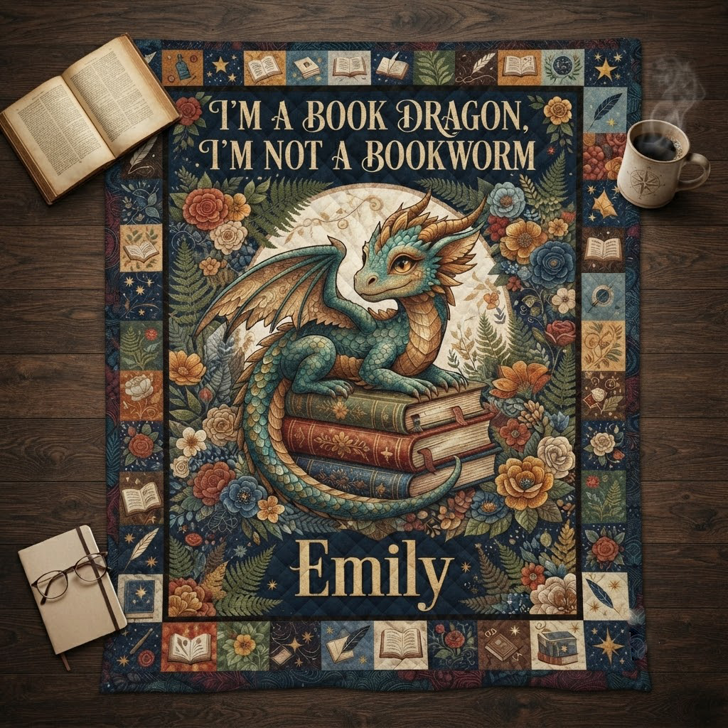 Personalized Book Dragon Quilt, I'm Not A Bookworm Blanket, Custom Reading Lover Bedspread, Fantasy Library Throw Decor, Bookworm Gift