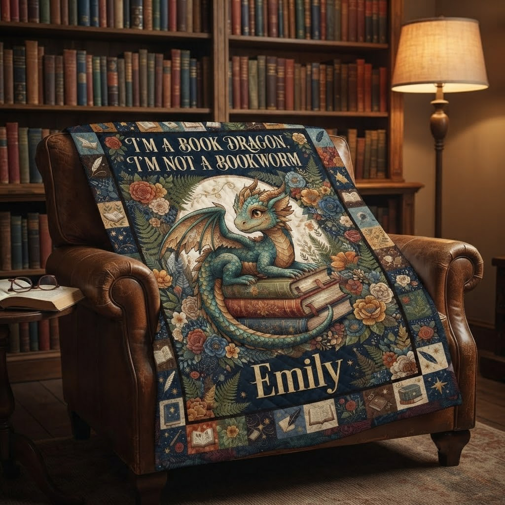 Personalized Book Dragon Quilt, I'm Not A Bookworm Blanket, Custom Reading Lover Bedspread, Fantasy Library Throw Decor, Bookworm Gift