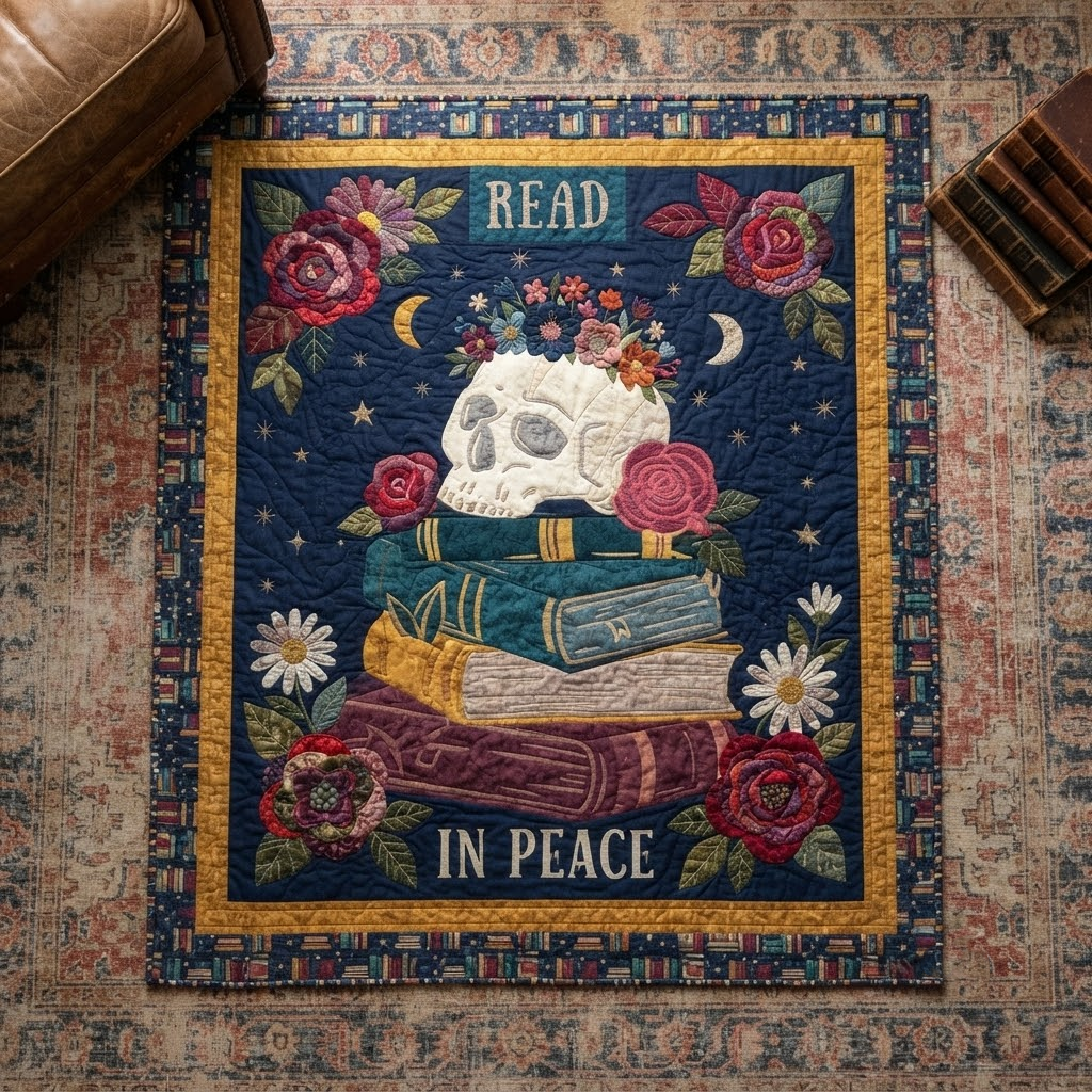 Read In Peace Quilt, Skull Floral Book Blanket, Gothic Dark Academia Bedspread, Reading Lover Throw Decor, Bookish Gift
