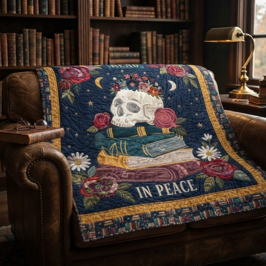 Read In Peace Quilt, Skull Floral Book Blanket, Gothic Dark Academia Bedspread, Reading Lover Throw Decor, Bookish Gift