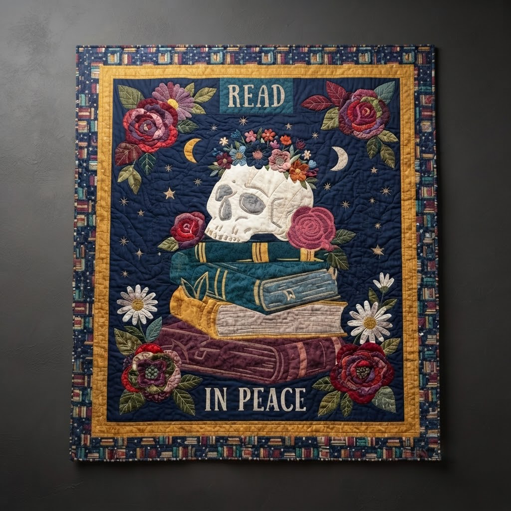 Read In Peace Quilt, Skull Floral Book Blanket, Gothic Dark Academia Bedspread, Reading Lover Throw Decor, Bookish Gift