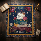 Read In Peace Quilt, Skull Floral Book Blanket, Gothic Dark Academia Bedspread, Reading Lover Throw Decor, Bookish Gift