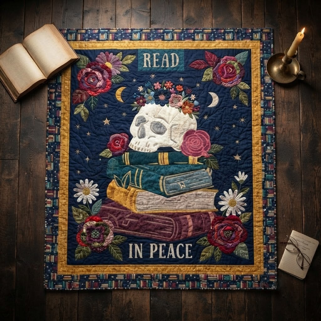 Read In Peace Quilt, Skull Floral Book Blanket, Gothic Dark Academia Bedspread, Reading Lover Throw Decor, Bookish Gift