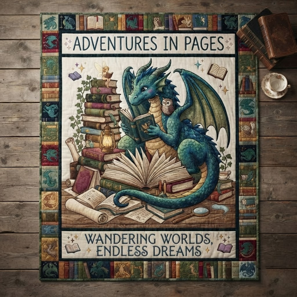 Adventures In Pages Quilt, Dragon Reading Blanket, Wandering Worlds Endless Dreams Bedspread, Fantasy Book Lover Throw Decor, Bookish Gift