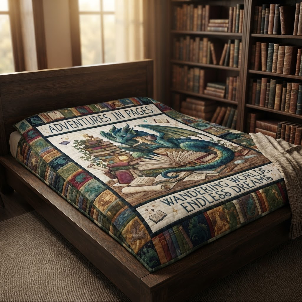Adventures In Pages Quilt, Dragon Reading Blanket, Wandering Worlds Endless Dreams Bedspread, Fantasy Book Lover Throw Decor, Bookish Gift
