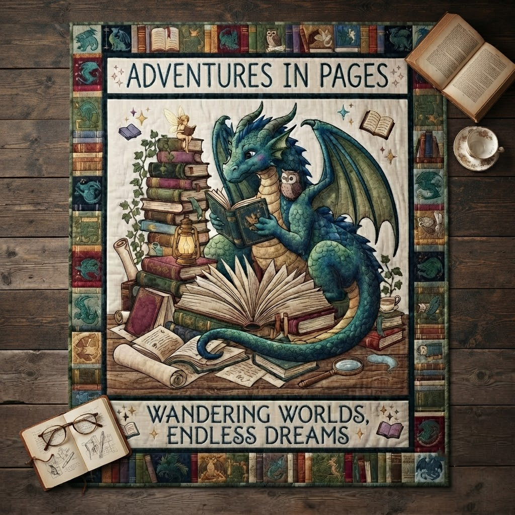 Adventures In Pages Quilt, Dragon Reading Blanket, Wandering Worlds Endless Dreams Bedspread, Fantasy Book Lover Throw Decor, Bookish Gift